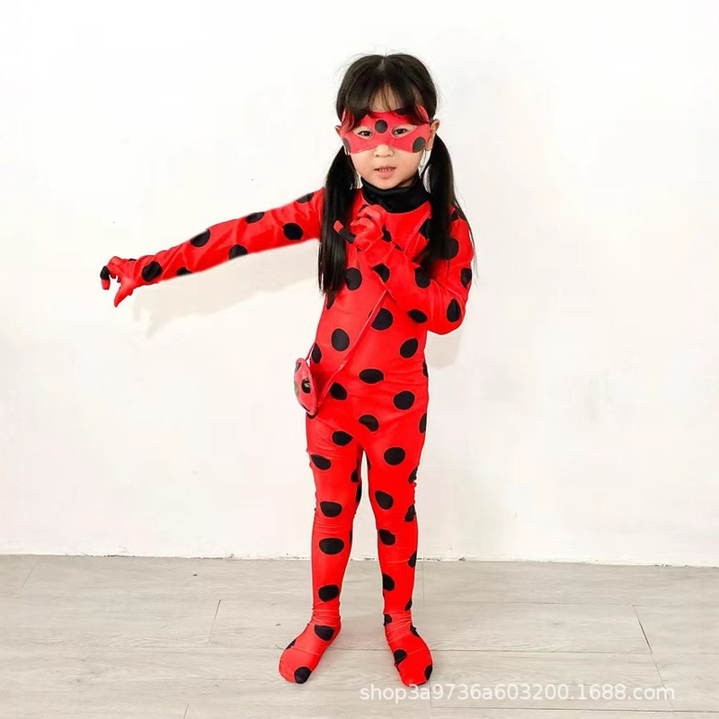 瓢虫少女衣服雷迪cos服装成人儿童黑猫瓢虫角色扮演假发腰包眼罩|undefined