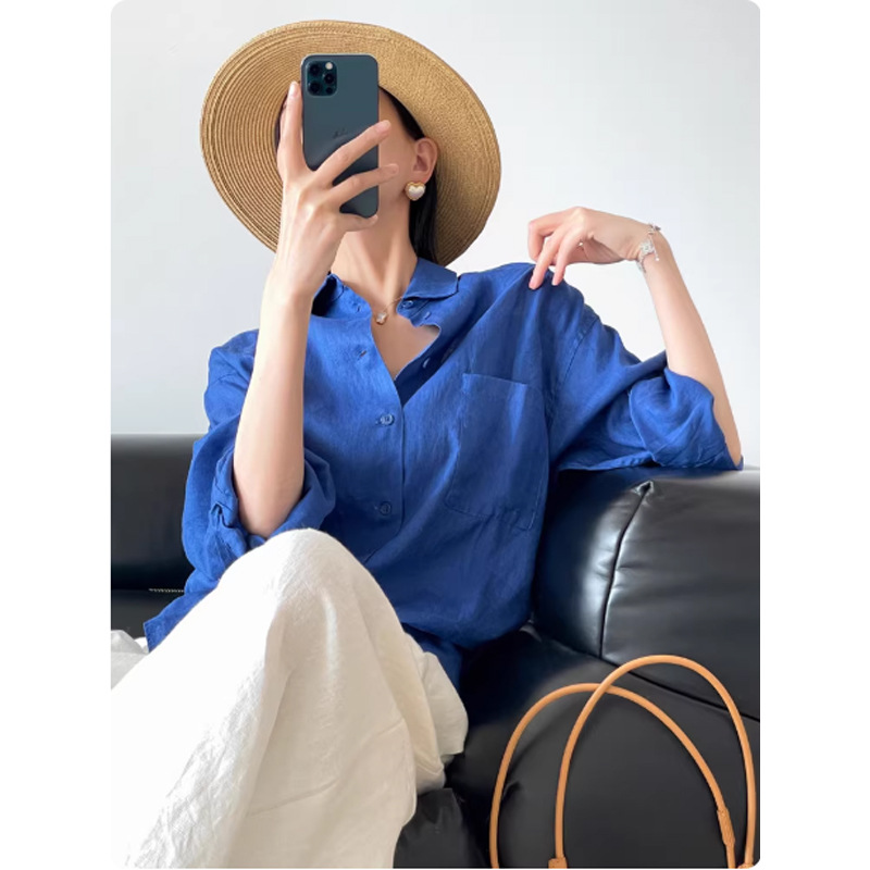 Áo sơ mi nữ linen Pháp Klein Blue dáng rộng chống nắng mùa hè — màu trắng, Xanh da trờicolor chi tiết 5
