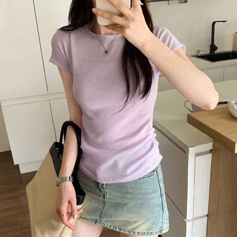 欧货现货今年流行爆款设计感抽褶正肩拼接修身针织短袖T恤女夏新