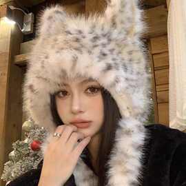 可爱狐狸耳朵豹纹毛绒帽子女2025年冬季显脸小保暖防寒护耳雷锋帽