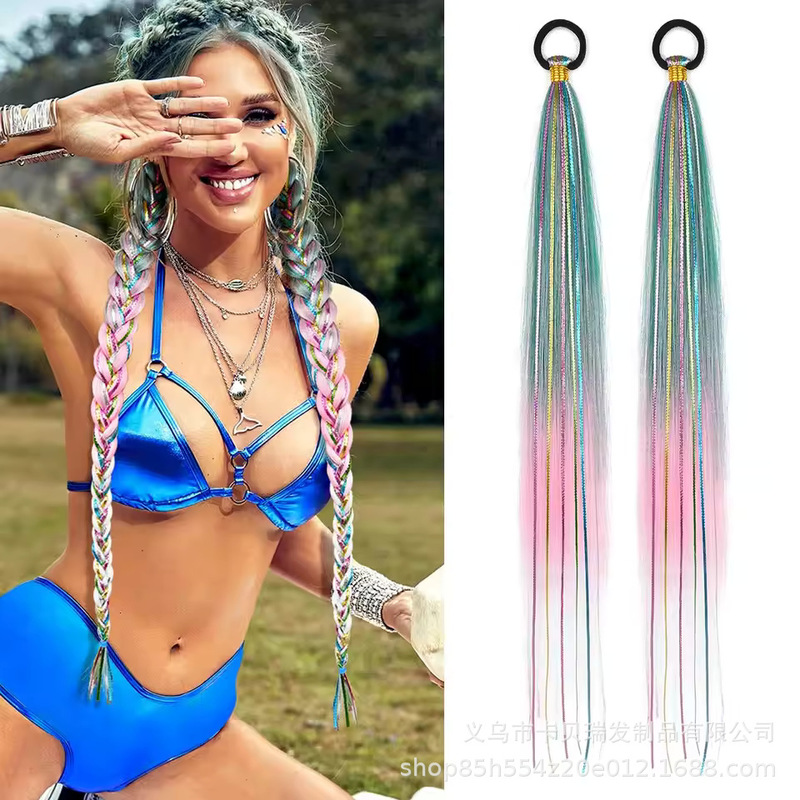 Color Gradient Xuchang Fluffy Wig Braids with Shiny Colorful Ropes, Novel, Beautiful, Strong and Simple Ponytail