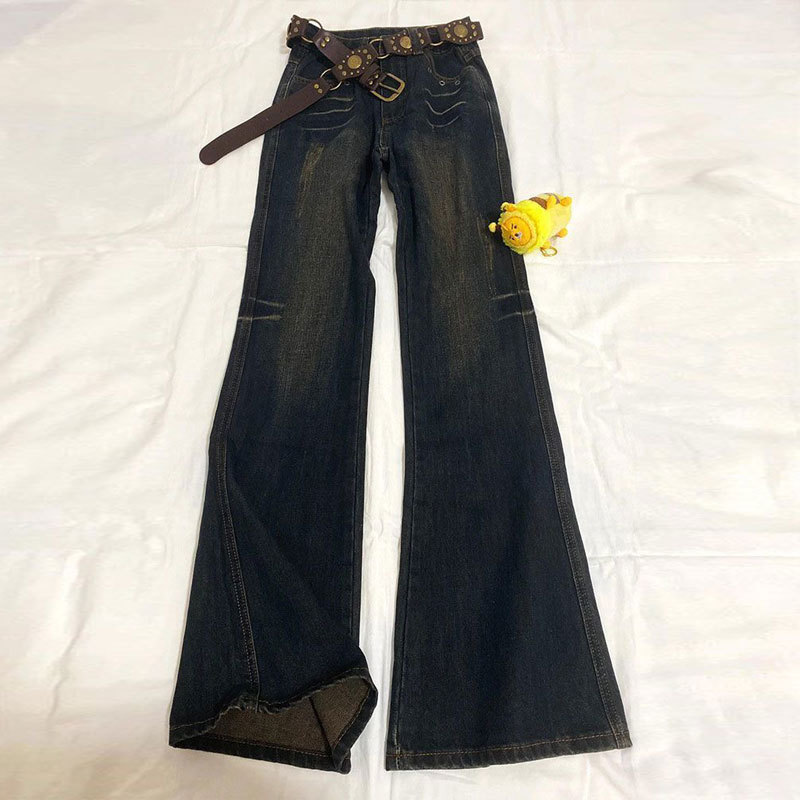 Plus-Size American-Style Design Denim Flared Pants for Women, Loose Retro Slim Straight-Leg Micro-Flare Pants