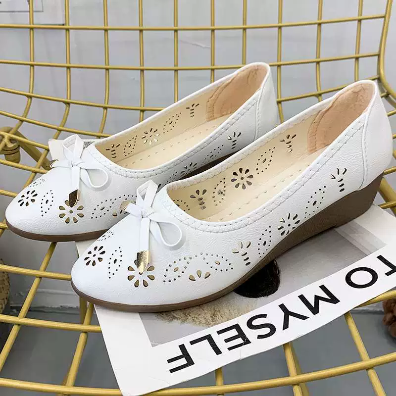Дышащие цветочные лоферы с бантом, круглым носком, клиновидным каблуком и резиновой подошвой на 2025 год, подходящие для мам и медсестер.