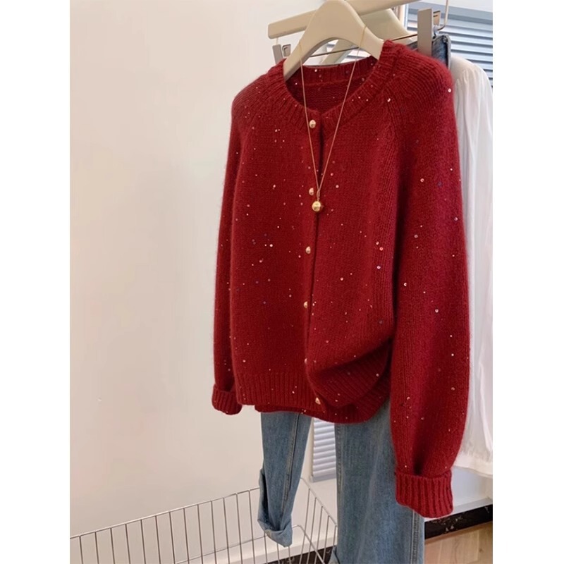 Red New Year Sequin Sweater Coat Women's Spring, Autumn and Winter Design Sense New Year's Knitted Cardigan Top Thick