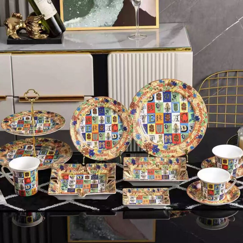 2025 New European Style Accessible Luxury Retro English Letter Bone China Dinner Plate Snack Plate Coffee Cup Saucer Water Cup Ashtray