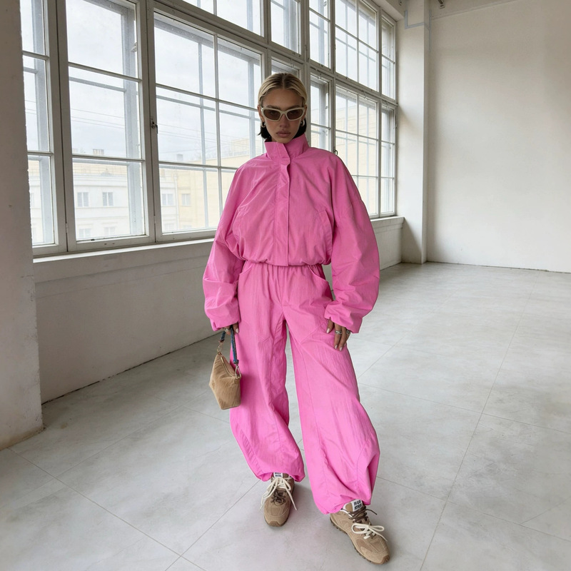 Casual Style Cross-Border Women's Nylon Color-Block Waterproof Fashion Zip-Up Fold-Over Collar Jacket and Elastic Waist Straight-Leg Pants Set Casual Style Cross-Border Women's Nylon Color-Block Waterproof Fashion Zip-Up Fold-Over Collar Jacket and Elastic Waist Straight-Leg Pants Set