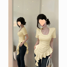 大码胖不规则荷叶下摆抽褶短袖恤女夏季修身显瘦上衣打底衫