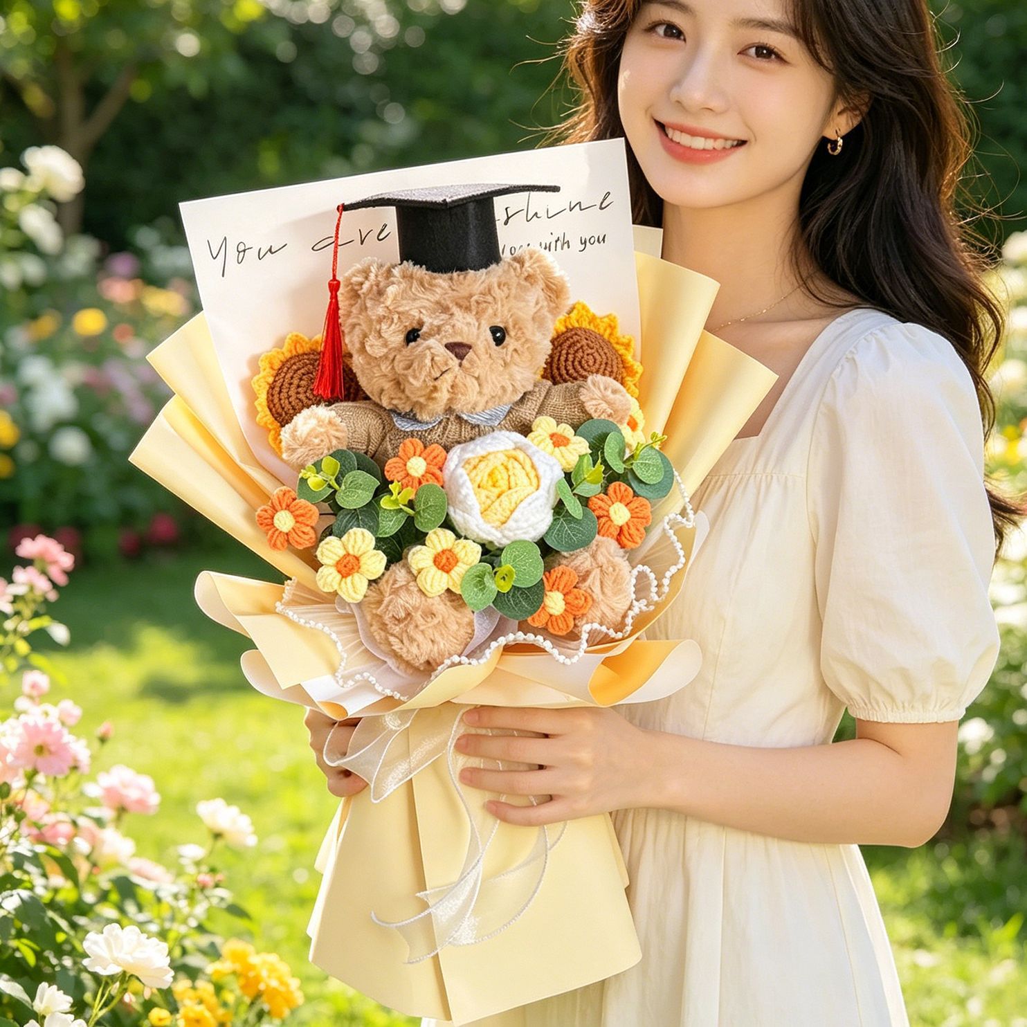 创意中高考毕业季向日葵毛线玫瑰花束儿童节可爱公仔熊玩偶手捧花