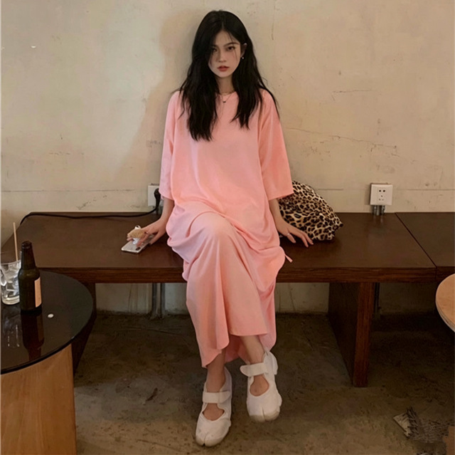 Plus-Size Women's Round-Neck Slit Dress for Summer, Korean-Style Mori Long Over-The-Knee Home Dress, Direct from the Factory