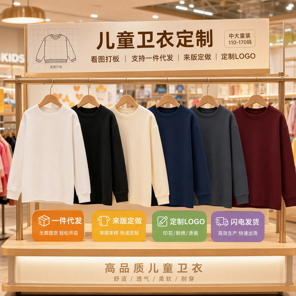 Children's sweatshirts with added designs and logos, boys' and girls' children's clothing, cross-border round neck loose T-shirts, custom designs, group uniforms.