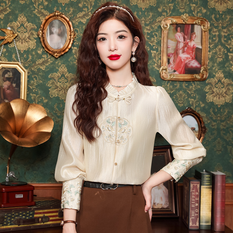 N1862 New Chinese Style Shirt for Women with Ruffle Collar, Long Sleeves, 2025 Vintage Chinese Style Embroidery, Button Closure, Lantern Sleeves Blouse