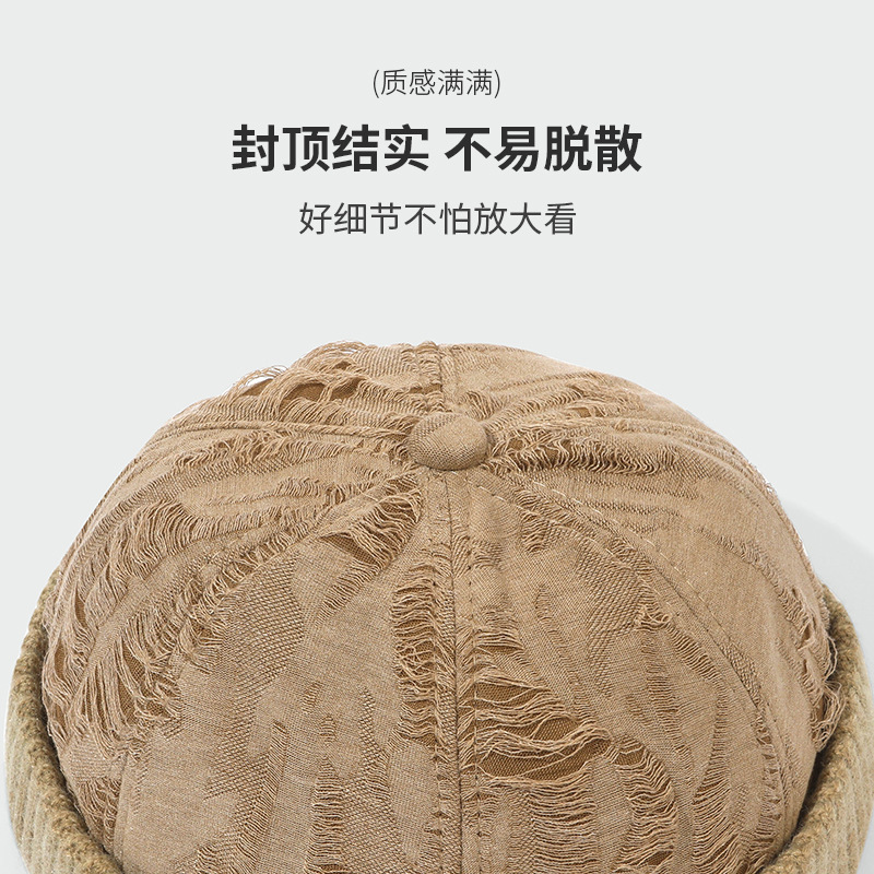 春秋新款废土风软顶破洞磨毛地主帽雅痞瓜皮帽无檐复古街头包头帽|undefined