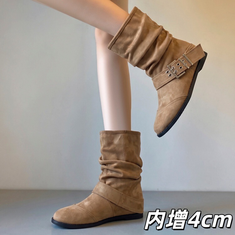 FL300-1 Height-Increasing Vintage Buckle Pleated Ankle Boots 2026 Autumn New Suede Short Boots for Women FL300-1 Height-Increasing Vintage Buckle Pleated Ankle Boots 2026 Autumn New Suede Short Boots for Women