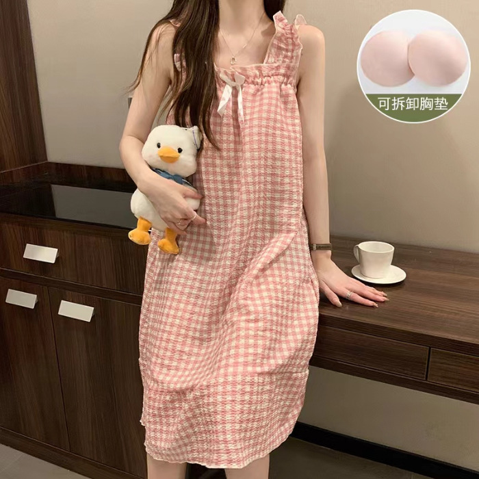 2024 verano colga cojín de pecho pijama niñas lindas dulces cómodas burbujas tela arrugada vestido de dormir ropa de mujer para el hogar