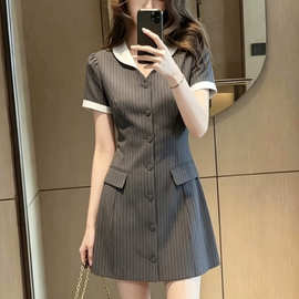 初夏通勤设计感灰色假两件条纹连衣裙女收腰A字短裙气质显瘦裙子