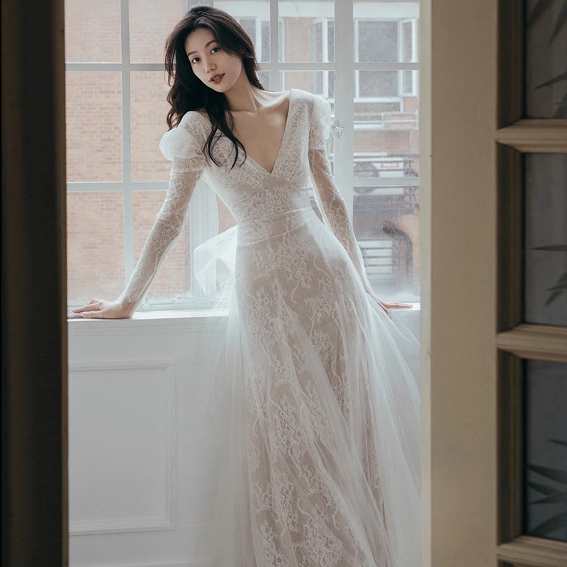 2026 verano nuevo encaje de cuello en V vestido de novia vestido de compromiso de bienvenida