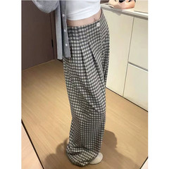 格子裤女秋季2025新款高腰直筒休闲拖地裤小个子慵懒风宽松阔腿裤