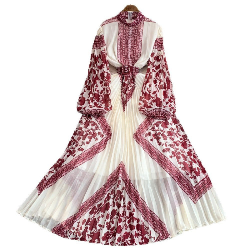 Retro Women's Printed Dress Stand Collar Lantern Sleeve Slim Waist Pleated Long Skirt For Summer New Fashion_voghion.com