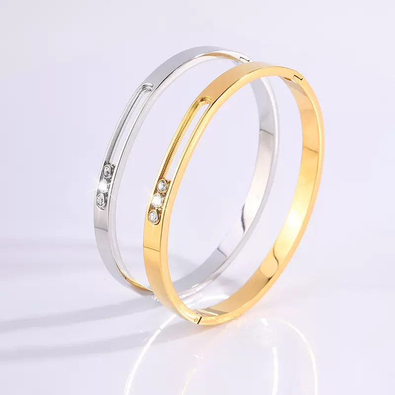 钛钢手镯个性设计凹槽可滑动镶钻手镯女生高级感百搭不掉色手镯