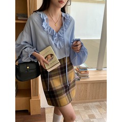 3th Morning 早秋新款 天丝莱赛尔木耳边V领绑带衬衫ZY2714