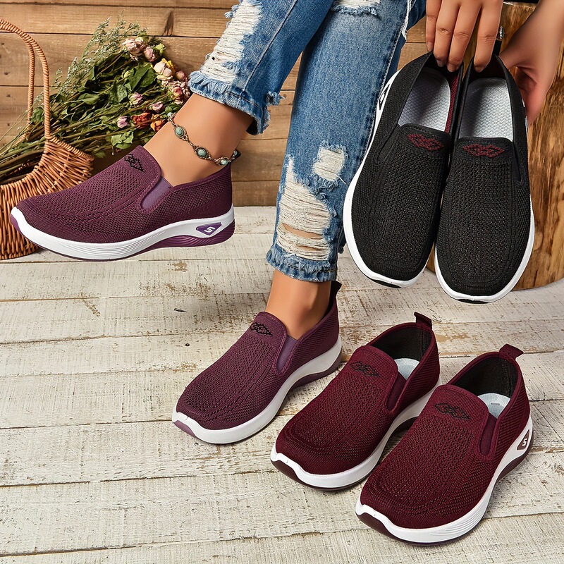 Women's Solid Color Breathable Sneakers, Soft Sole Lightweight Slip-On Walking Shoes, Low-Top Knitted Casual Shoes Women's Solid Color Breathable Sneakers, Soft Sole Lightweight Slip-On Walking Shoes, Low-Top Knitted Casual Shoes