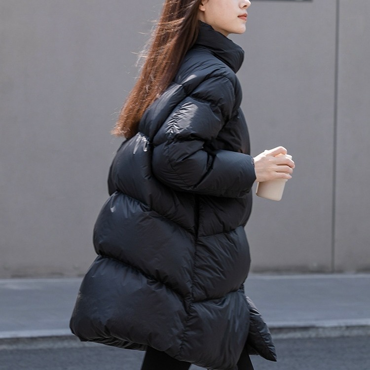 2022冬新 文艺都市系列韩版休闲中长款纯黑色轻羽绒厚羽绒服女