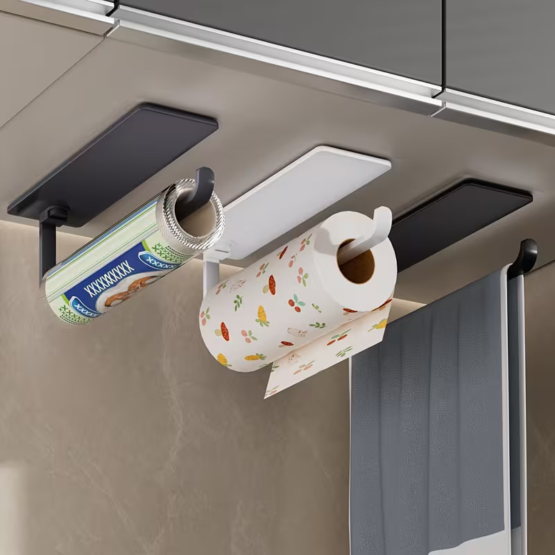 Wall-mounted kitchen cabinet cling film storage rack, no-drill roll paper holder, household bathroom towel rack