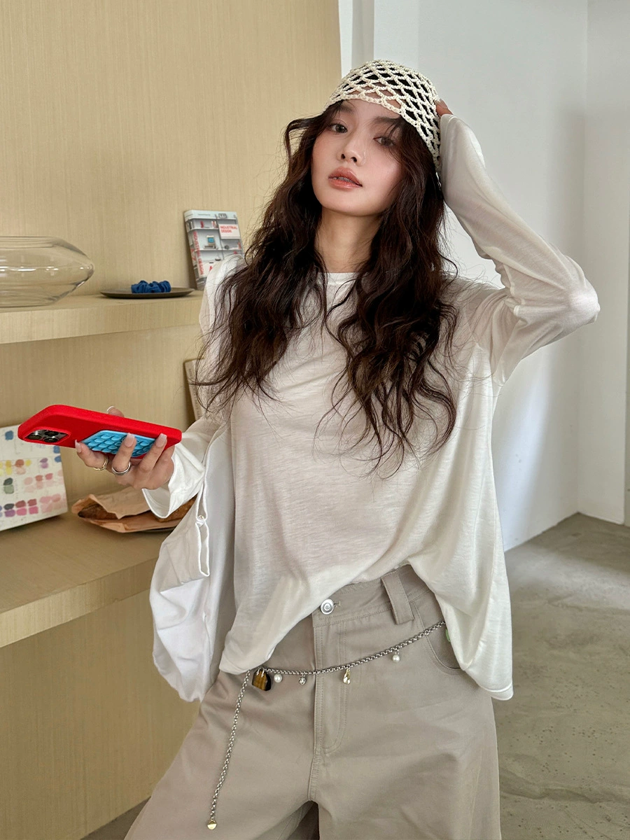 Long-Sleeve Round-Neck Top, lightweight wool blend, summer solid, one size (2–10 colors)