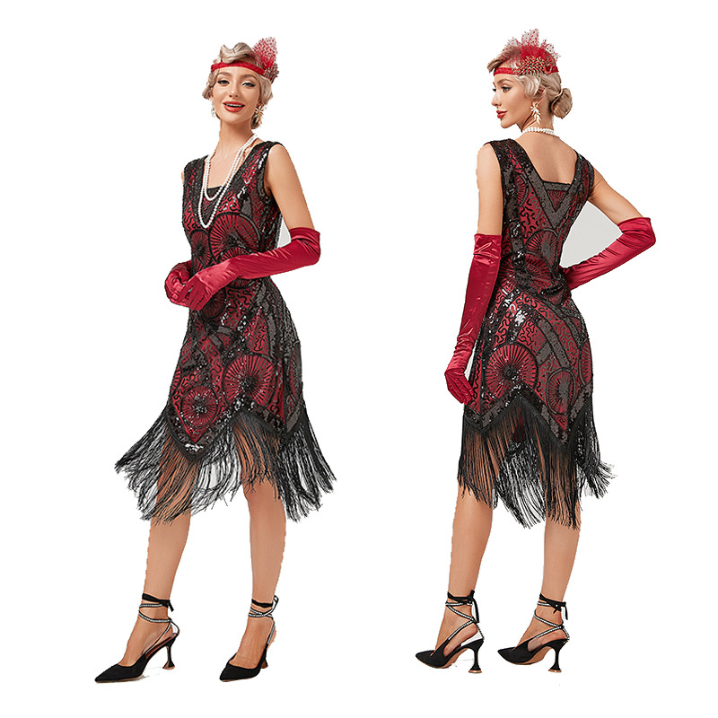Transfronterizo nuevo bordado pesado con cuentas vestido de lentejuelas vestido de banquete europeo y americano vestido de borla con cuello en V más el tamaño en stock image 5