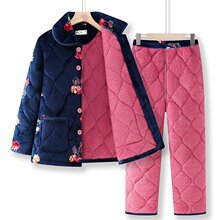 中老年人夹棉加厚睡衣女妈妈秋冬季家居服外套装奶奶装珊瑚绒睡袄