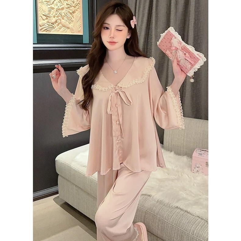 Palace Style New Ice Silk Pajamas for Women with Doll Collar, Simple Casual Sweet Style High-End Thin Suit for Summer Palace Style New Ice Silk Pajamas for Women with Doll Collar, Simple Casual Sweet Style High-End Thin Suit for Summer