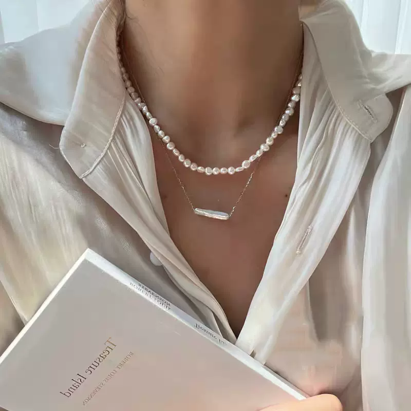 巴洛克小银条天然淡水珍珠叠戴项链女轻奢ins风小众个性复古锁骨