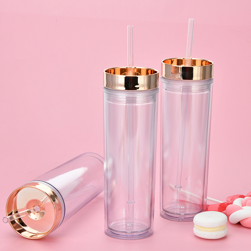 Spot Goods 16oz Double Plastic Straw Cup Simple Skinny Straight Tube Can Be Set Rose Gold Plating Lid Water Cup display picture 2