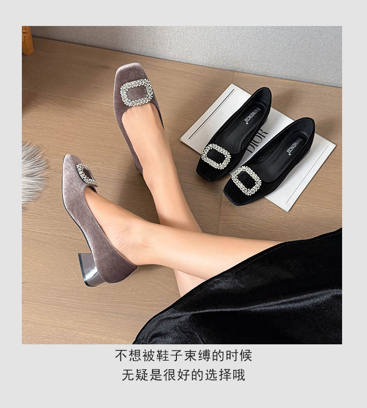 Giày bệt nữ mũi vuông khóa cài đính đá, cổ thấp, đế bằng, giày công sở — màu xám, màu đen chi tiết 10