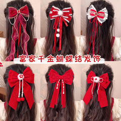 新年髮飾兒童髮夾小公主皇冠蝴蝶結紅色過年發卡女童喜慶拜年頭飾