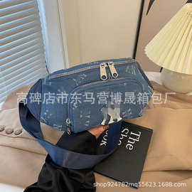 潮牌男女同款运动牛仔蓝腰包休闲百搭单肩斜挎包旅行小挎包骑行包