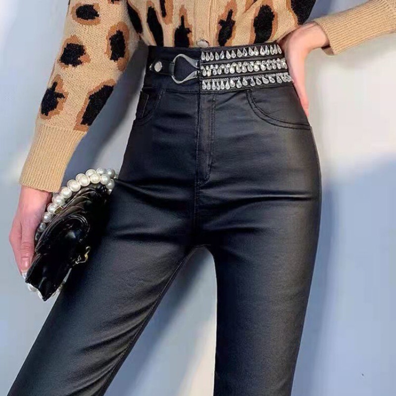 European Station Heavy Industry Sparkling Diamond Western-style All-match High Waist Hip Leggings Women's fleece-lined Slim-fit Slimming Imitation Leather Pants