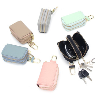 Cross-border Double Zipper Waist Leather Key Bag Candy Color Car Keychain Japanese-style Portable Home Key Bag