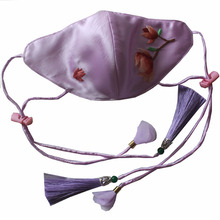 雙層真絲手工綉花可放插片防紫外線防曬透氣可水洗裝飾絲綢口罩女