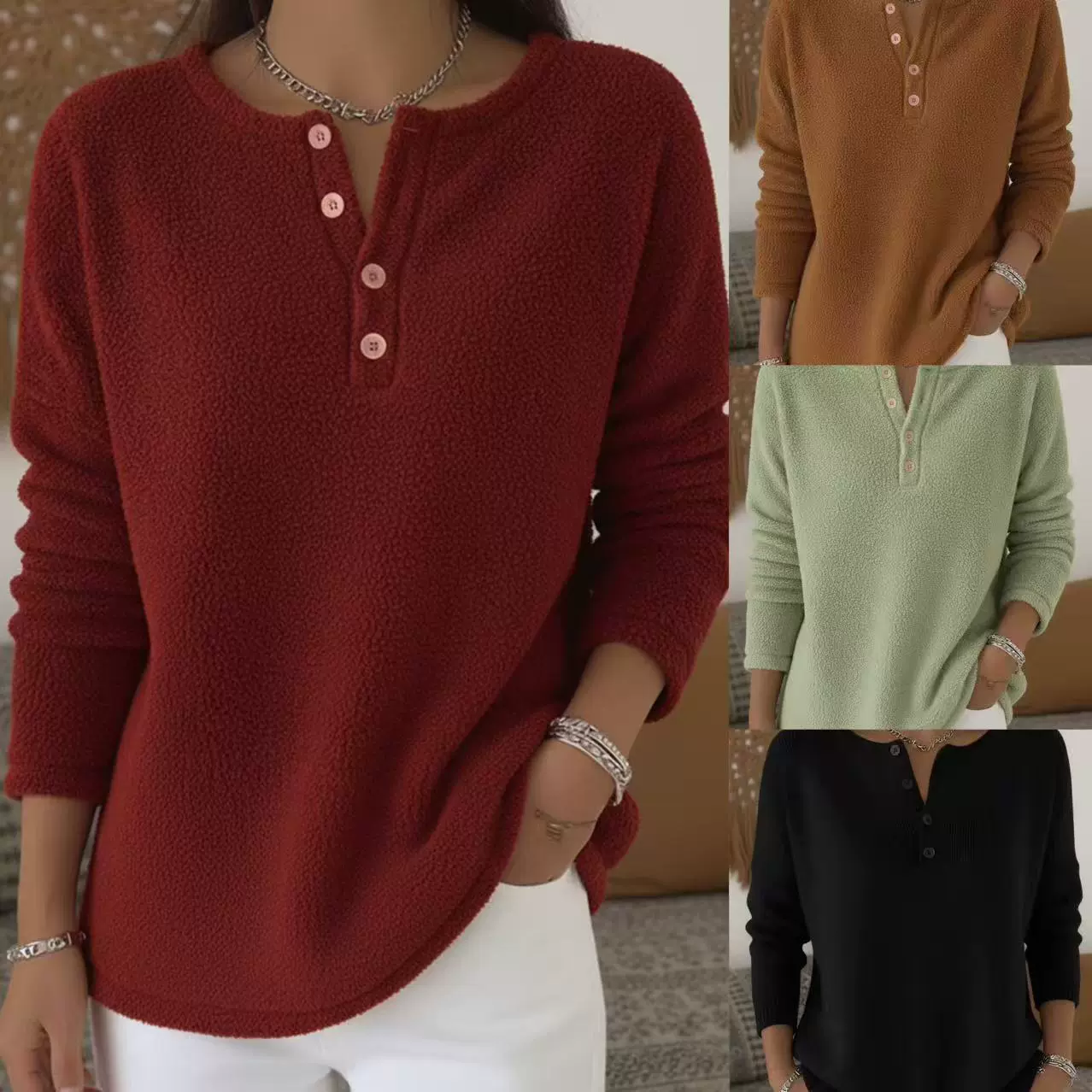 2025欧美亚马逊独立站TEMU跨境新款女装 长袖纽扣毛绒卫衣T恤上衣