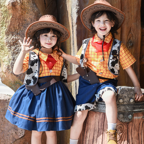 Children's Day June 1st Clothing for Girls and Boys: Denim Cartoon Woody Toy Story Dress and Shorts Set
