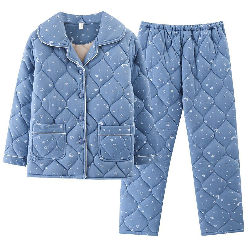 100% algodón engrosado de tres capas de las mujeres acolchadas de otoño e invierno pijamas estilo occidental simple traje de desgaste para el hogar