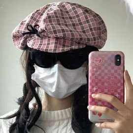 韩版女团风粉色格纹八角帽子女可爱甜酷蝴蝶结云朵帽显脸小画家帽