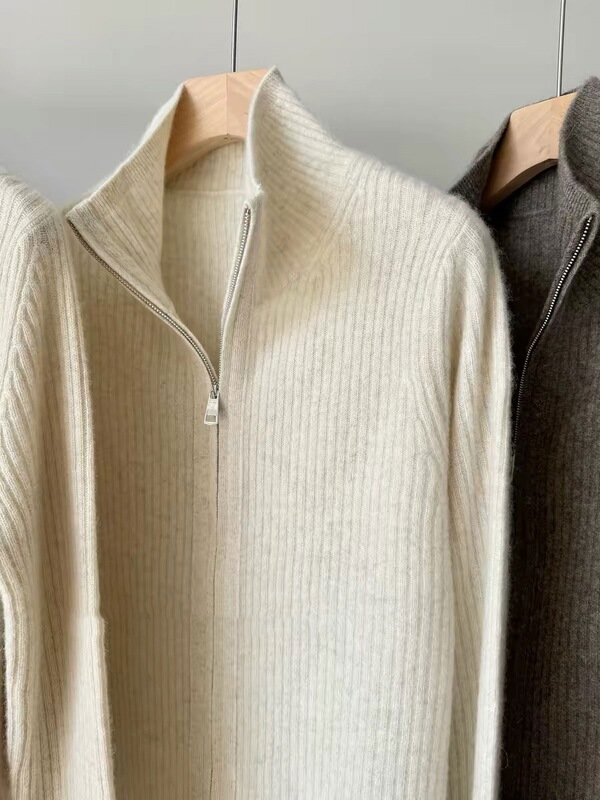 2026 Autumn Women's Zipper Knit Cardigan Pure Wool Sweater European Style Cashmere Stand Collar Sweater Coat