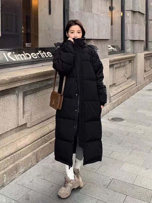 十三行冬季新款韩版黑色长款过膝面包服白鸭绒羽绒服女装批发货源|undefined