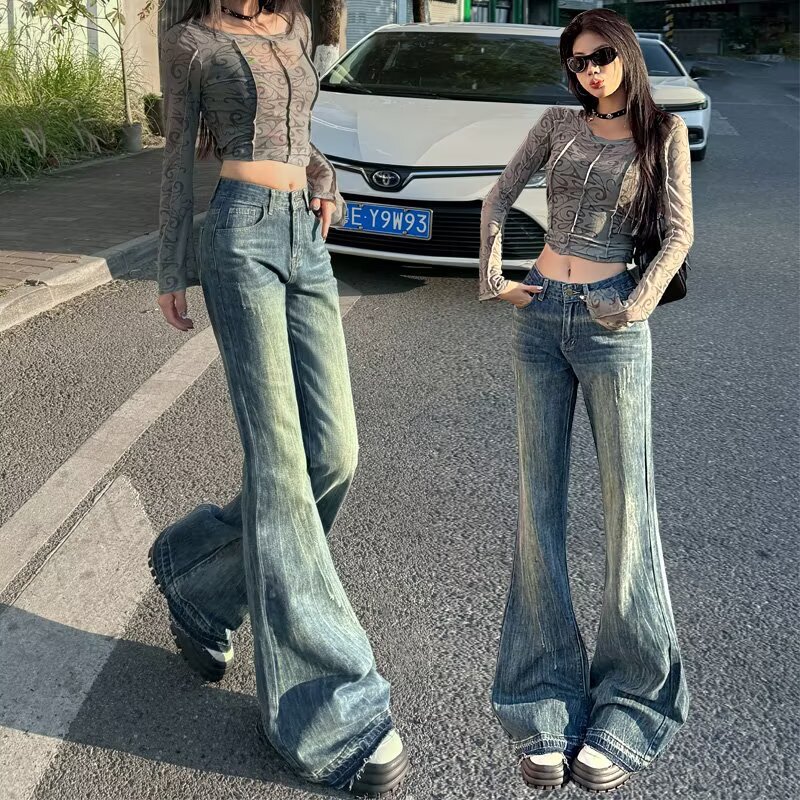 Micro La Jeans Women's Spring and Autumn 2025 New American Retro High Waist Slimming Loose No-Leg Horn Pants Micro La Jeans Women's Spring and Autumn 2025 New American Retro High Waist Slimming Loose No-Leg Horn Pants