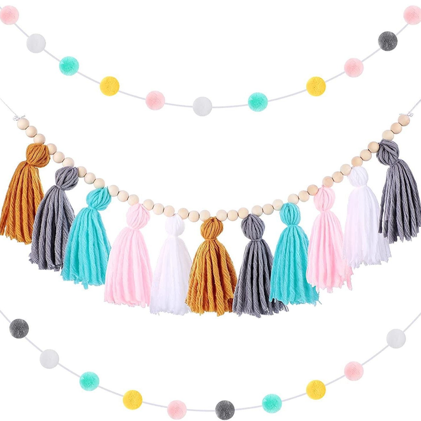 Decoración Colgante de Pared Tejida con Cuentas de Madera, Estilo Nórdico, con Borlas y Pompones, Juego Completo, 2026