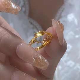 小红书新款甜酷小金鱼戒指女小众设计感链条开口指环食指戒批发