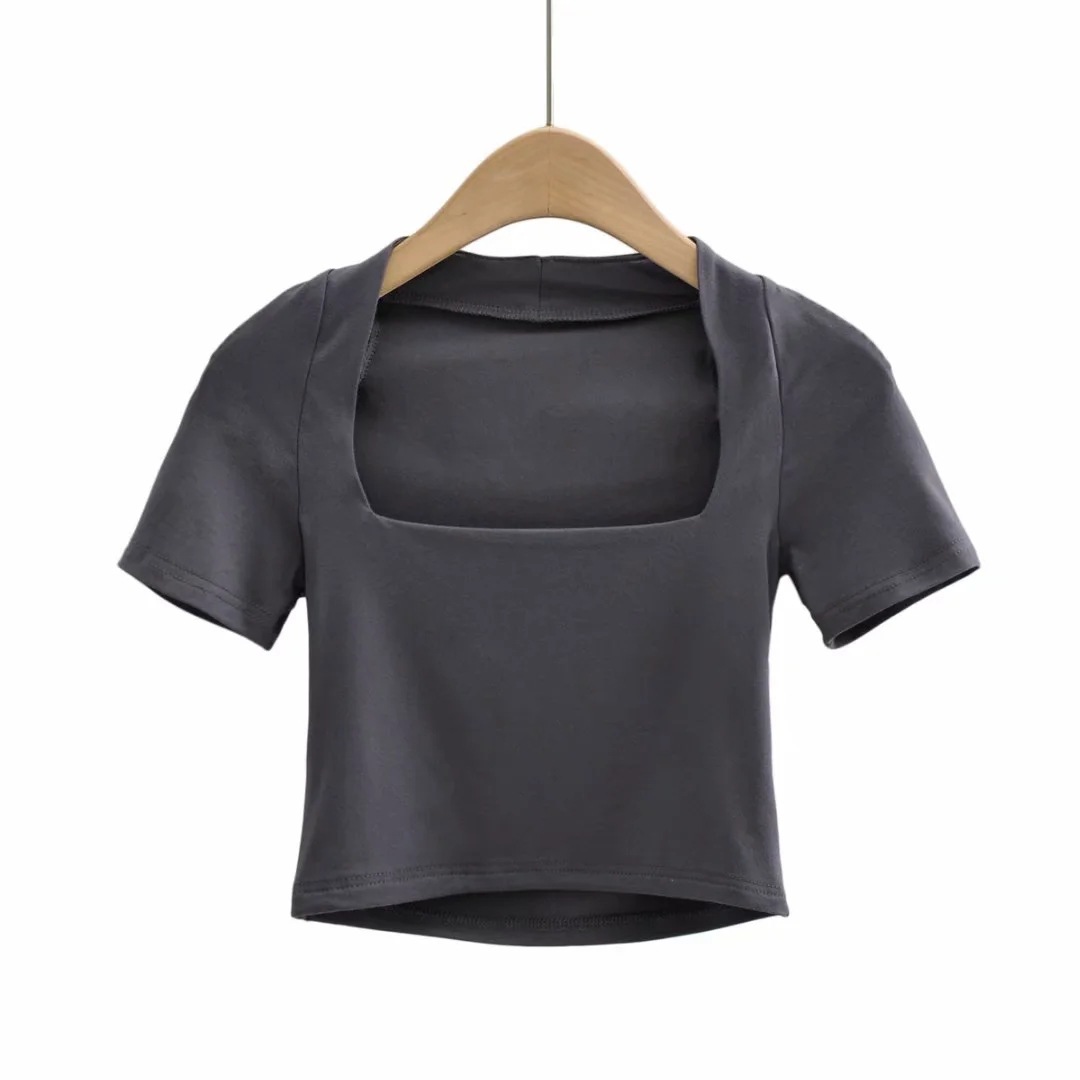 Solid Color Square Neck Short T-Shirt NSHS66336