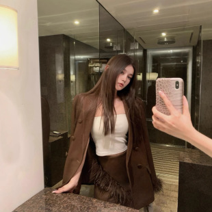 24aw Autumn and Winter New Niche High-end Sense Ostrich Hair Embellished Cuff Hair Removable Shoulder Pad Suit Jacket for Women